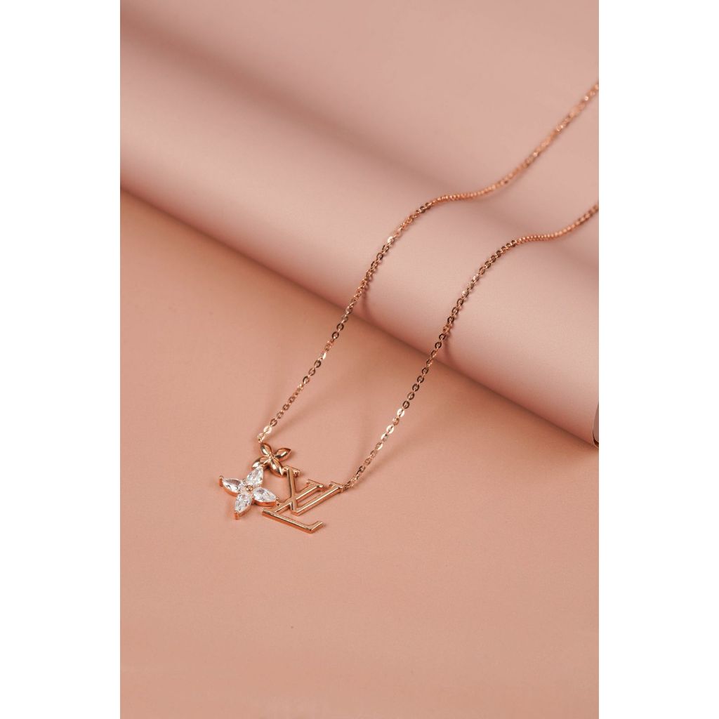 Kalung Italy Emas 17K Rante Hollo FC Model Letter L   V Mata Bunga Rose Gold 00013241