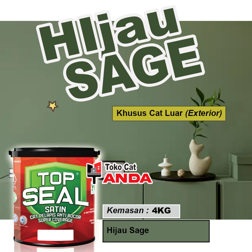 Cat Exterior TopSeal Satin Galon 4KG Hijau Sage - Cat Anti Bocor -Cat waterproofing - Cat Sage Green