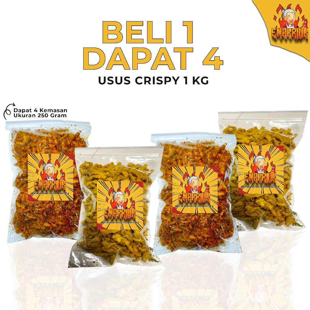 

EMAKRIUK - 1Kg USUS Beli 1 Dapat 4 Kripik Usus Ayam Krispy Rasa Original 250gr Pedas 250gr Bumbu Melimpah Cemilan