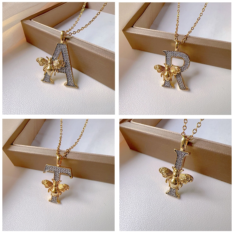 Kalung wanita, perhiasan tembaga titanium baru, kalung emas, kalung liontin huruf A-Z dengan berlian