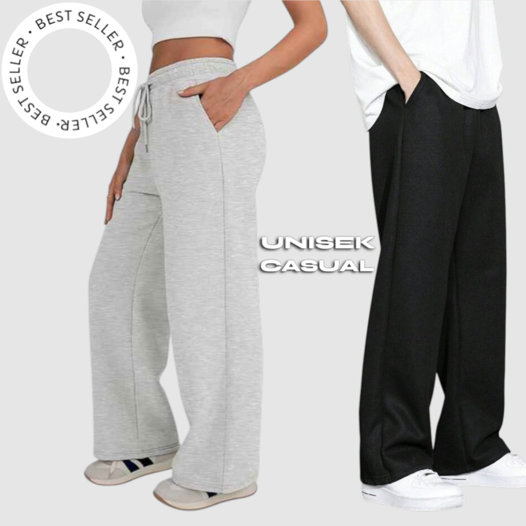 Celana Panjang Pria Fleece Casual Oversize Warna Cream Ivory black navy grey