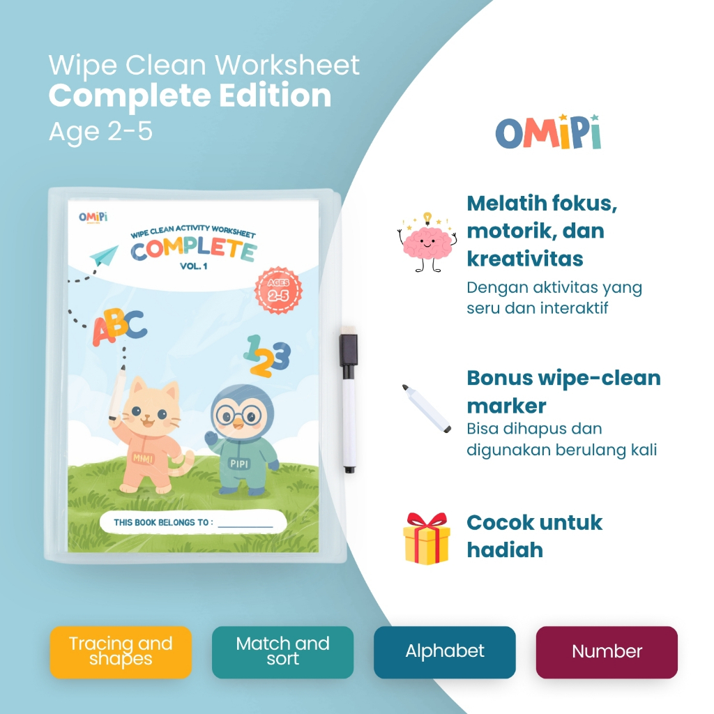 OMIPI - Complete Worksheet Wipe & Clean | Lembar Kerja Edukasi Anak Usia 2-5 Tahun | Hampers Ultah