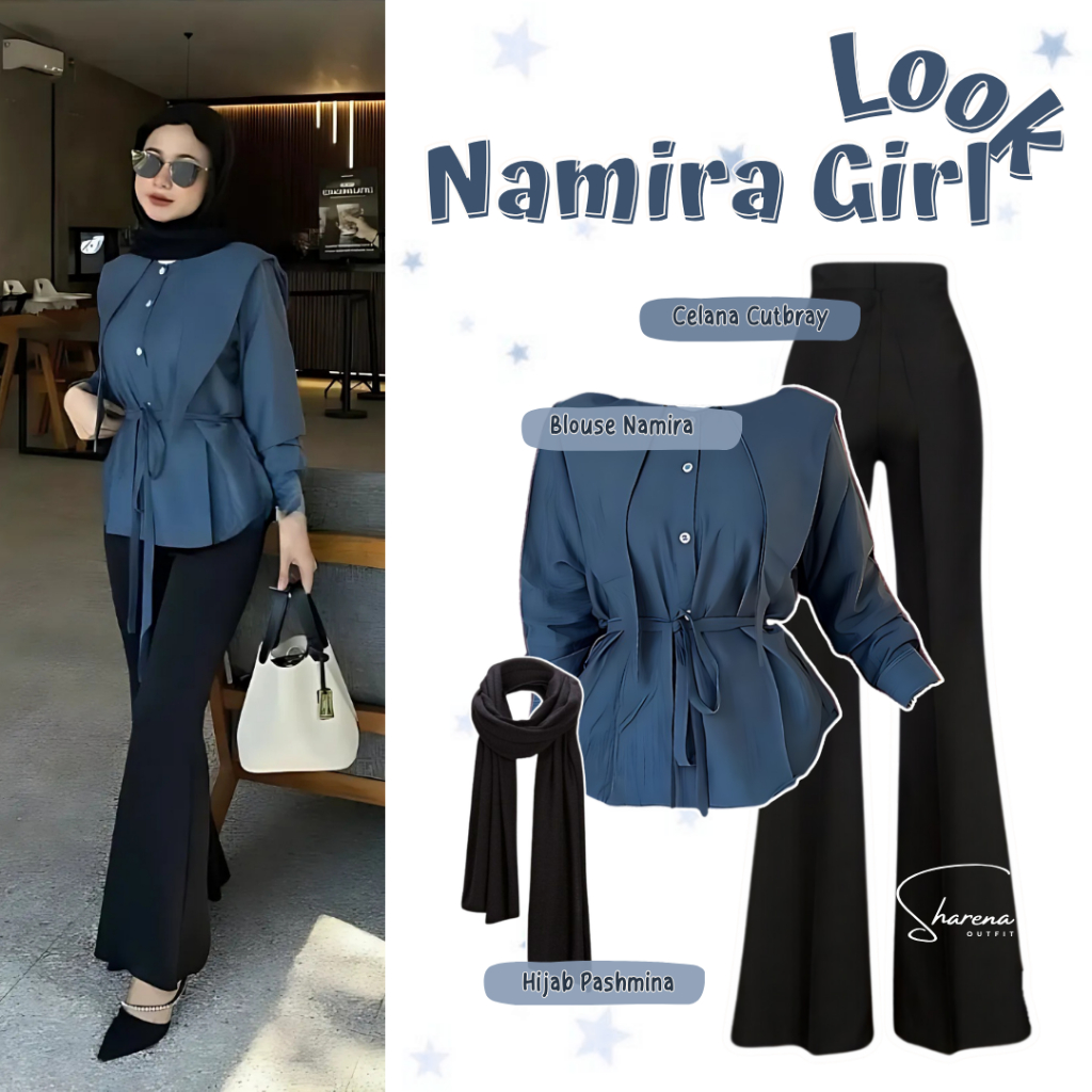 Set Outfit Wanita 3in1 Blouse Namira Celana Cutbray dan Hijab Korean Style