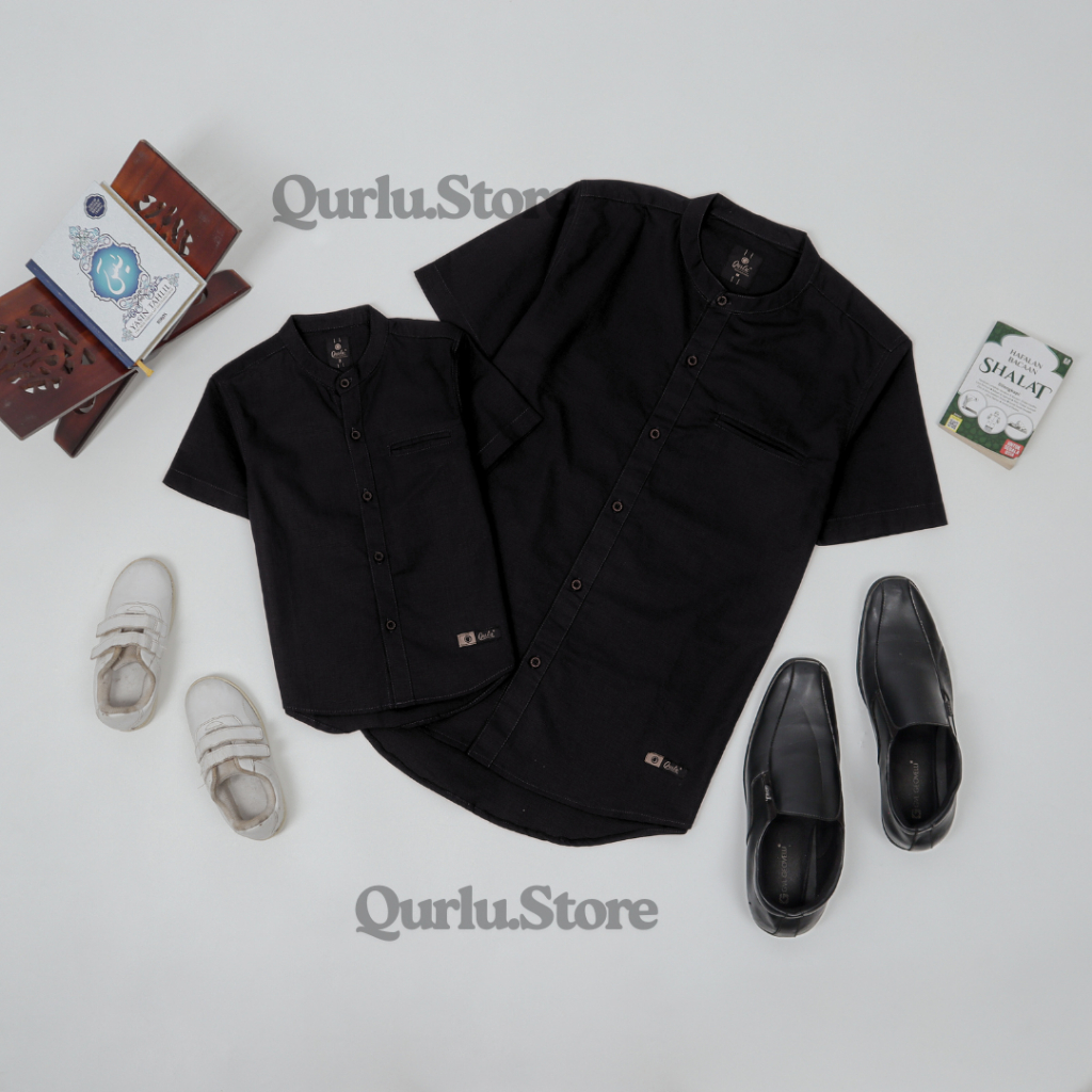 Qurlu - Kemeja Koko Dewasa/Anak warna HITAM (baju couple ayah dan anak laki-laki) Baju Koko Pria