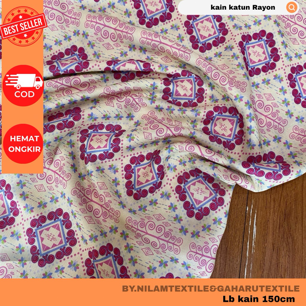 kain katun rayon/bahan rayon viscose-rayon premium-motif etnik warna mewah-kain meteran nilam