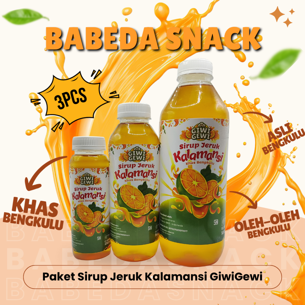 

PAKET 3 VARIAN - SIRUP JERUK KALAMANSI GIWIGEWI - OLEH OLEH KHAS BENGKULU - BABEDA SNACK