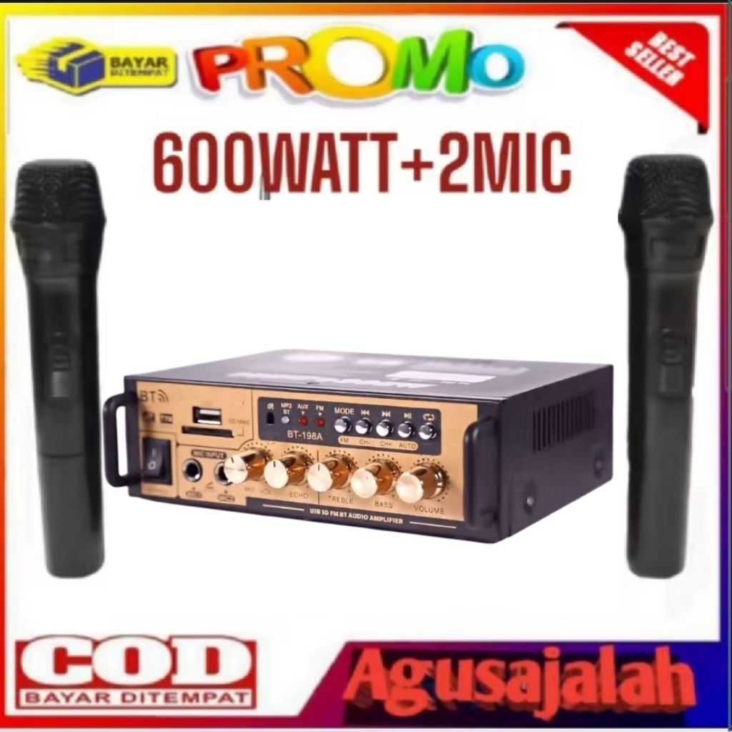BONUS MIC 2 Audio Power Amplifier 600W Full Bass Fleco BT-198A - Amplifier Bluetooth USB/SD/FM/MP3 -