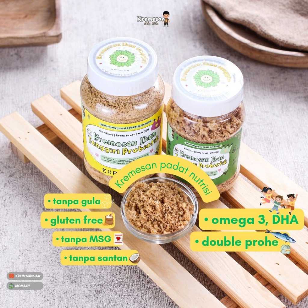 

Momacy kremesan ikan tenggiri tengiri omega 3 renyah gurih tanpa msg glutenfree bb booster double protein kremes mpasi anti GTM kriuk prohe sehat pendamping makan untuk bayi anak sebagai solusi sehat anak GTM aman dikonsumsi setiap hari