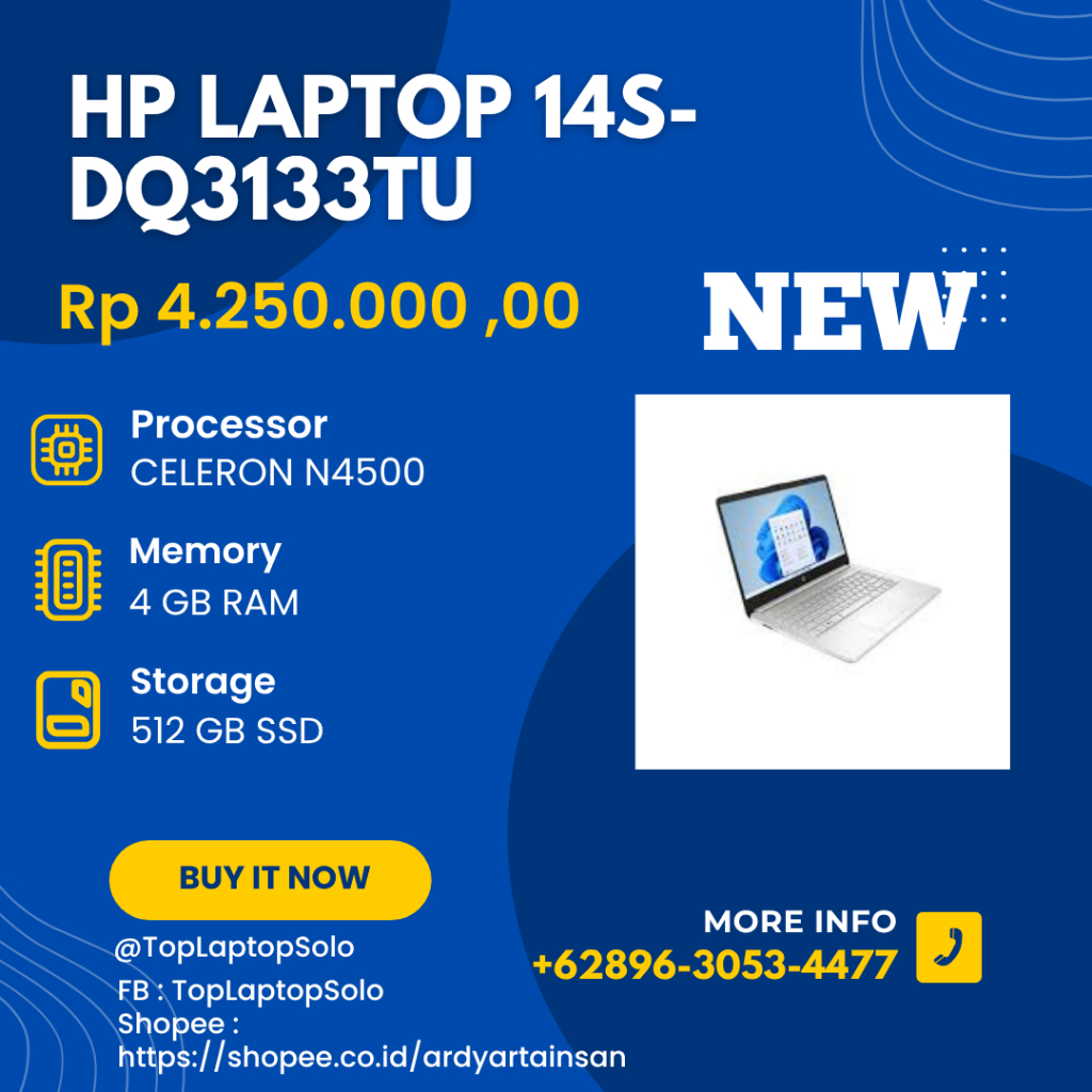 HP LAPTOP 14S-DQ3133TU  SPESIFIKASI * CELERON N4500 * RAM 4 GB * SSD 512 GB * LAYAR 14"INCH FHD * WI