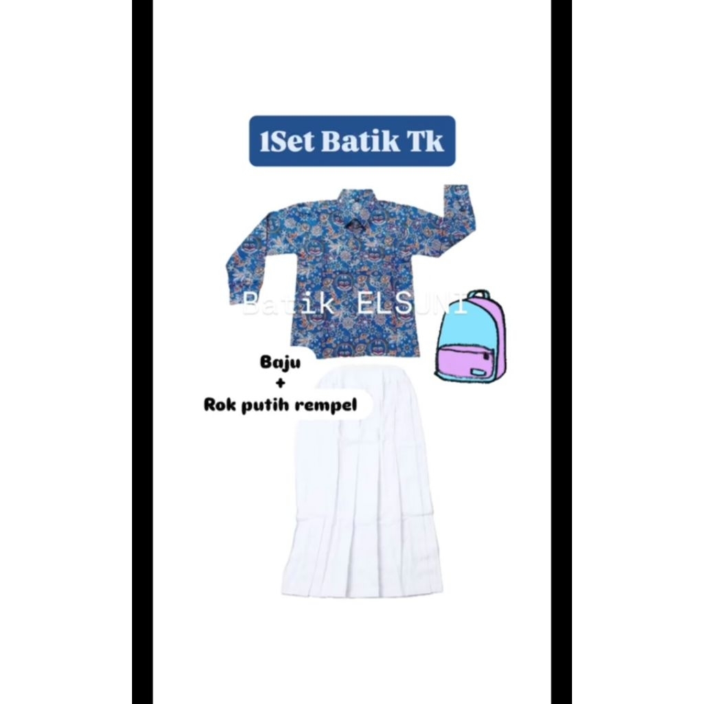 (ONESET)1Set BATIK DAN ROK PUTIH REMPEL || SERAGAM BATIK TK NASIONAL || BATK IGTKI BIRU LENGAN PANJA