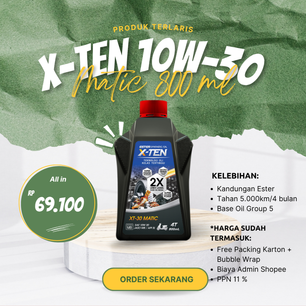 Oli XTEN XT30 Matic 10W30 Jaso MB API SL Ester 800 ML Matic Honda