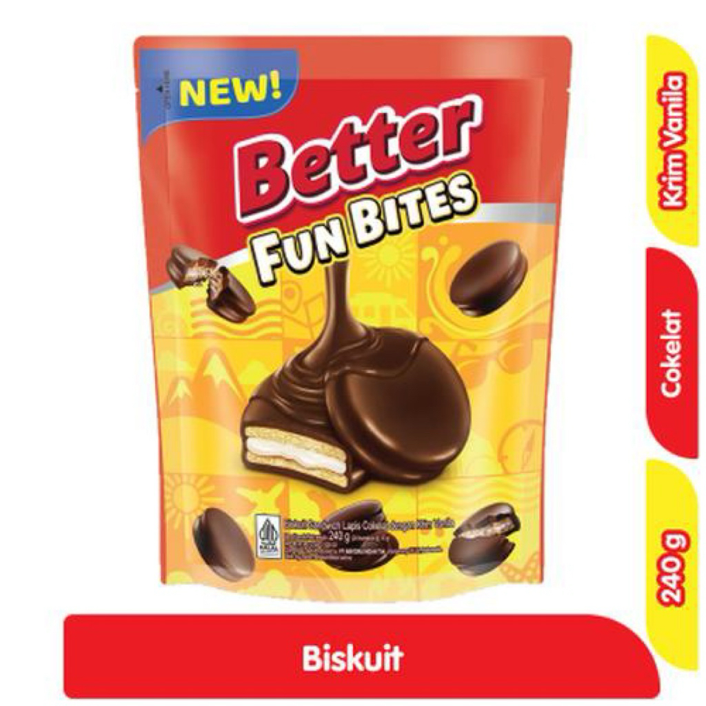 

Better Fun Bites Biskuit Sandwich Lapis Cokelat Dengan Krim Vanila 240g Isi 24 pcs