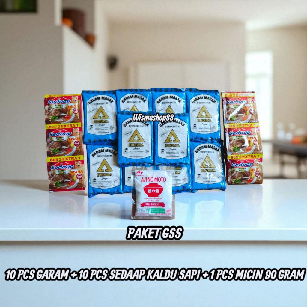 

PAKET 16 RIBUAN HEMAT 10 PCS GARAM KEMASAN 100 GRAM + 10 PCS SEDAAP KALDU 9 GRAM + 1 PCS AJINOMOTO MICIN 90 GRAM / BUMBU DAPUR / GARAM / GAREM