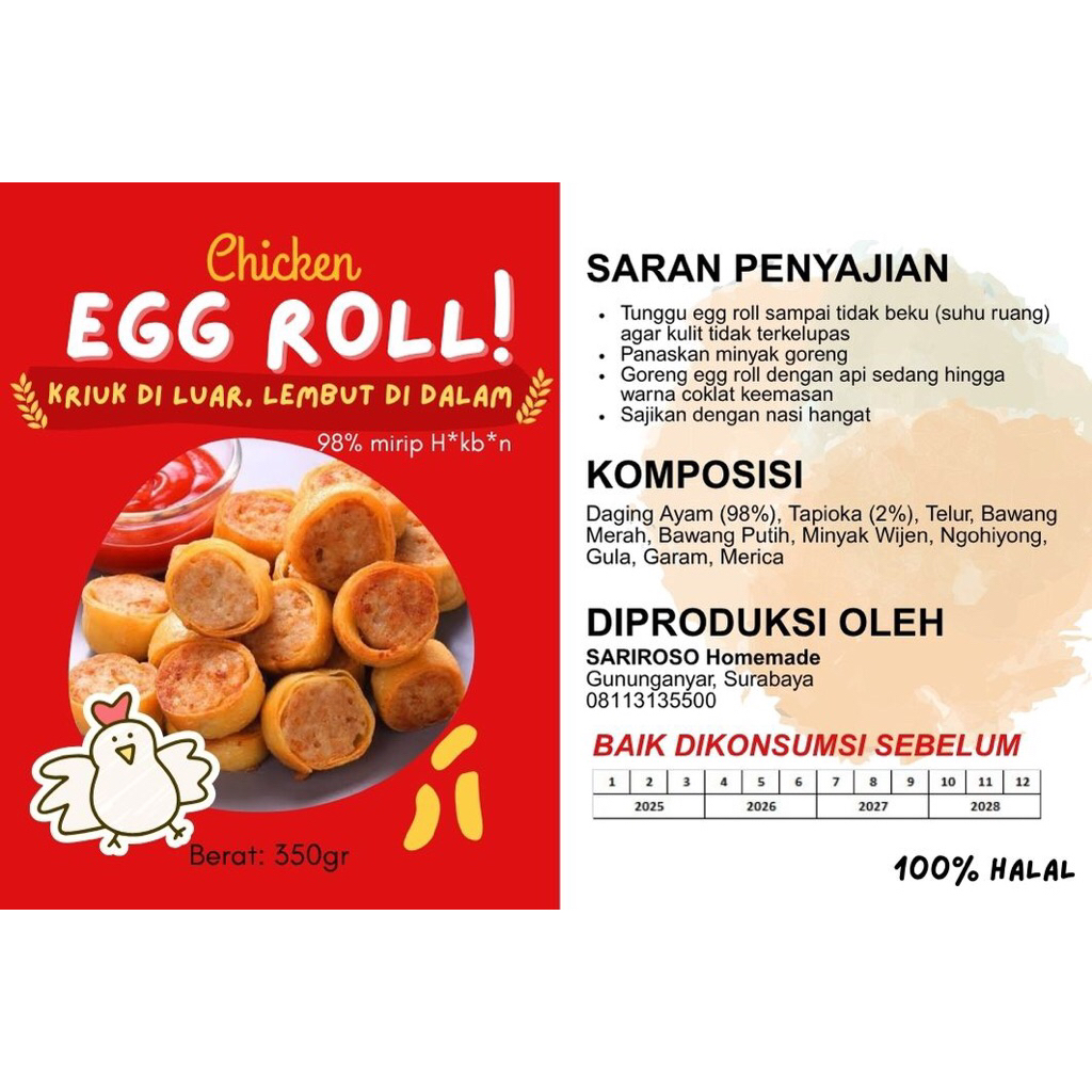 

FROZEN FOOD CHICKEN EGG ROLL FULL DAGING AYAM & NON MSG/ MPASI/ EGGROLL HOKBEN