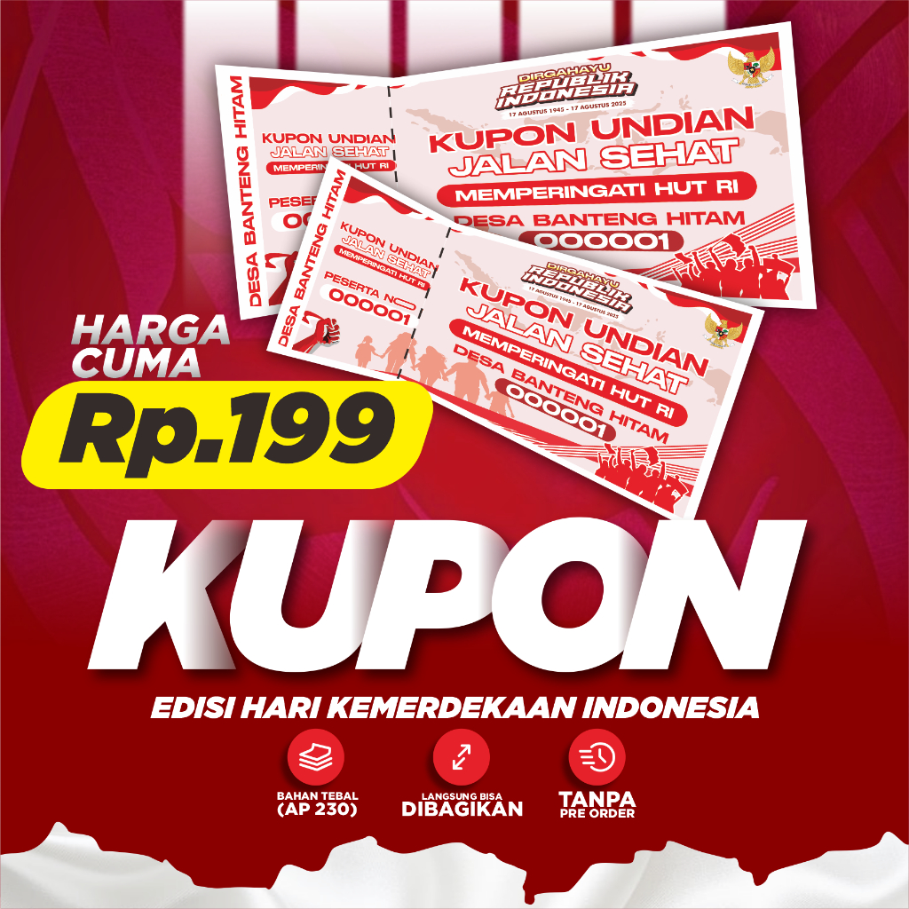 

Cetak Kupon Jalan Sehat 17 Agustus 2025 / Kupon Jalan Sehat / Kupon Undian Doorprize / Kupon Custom