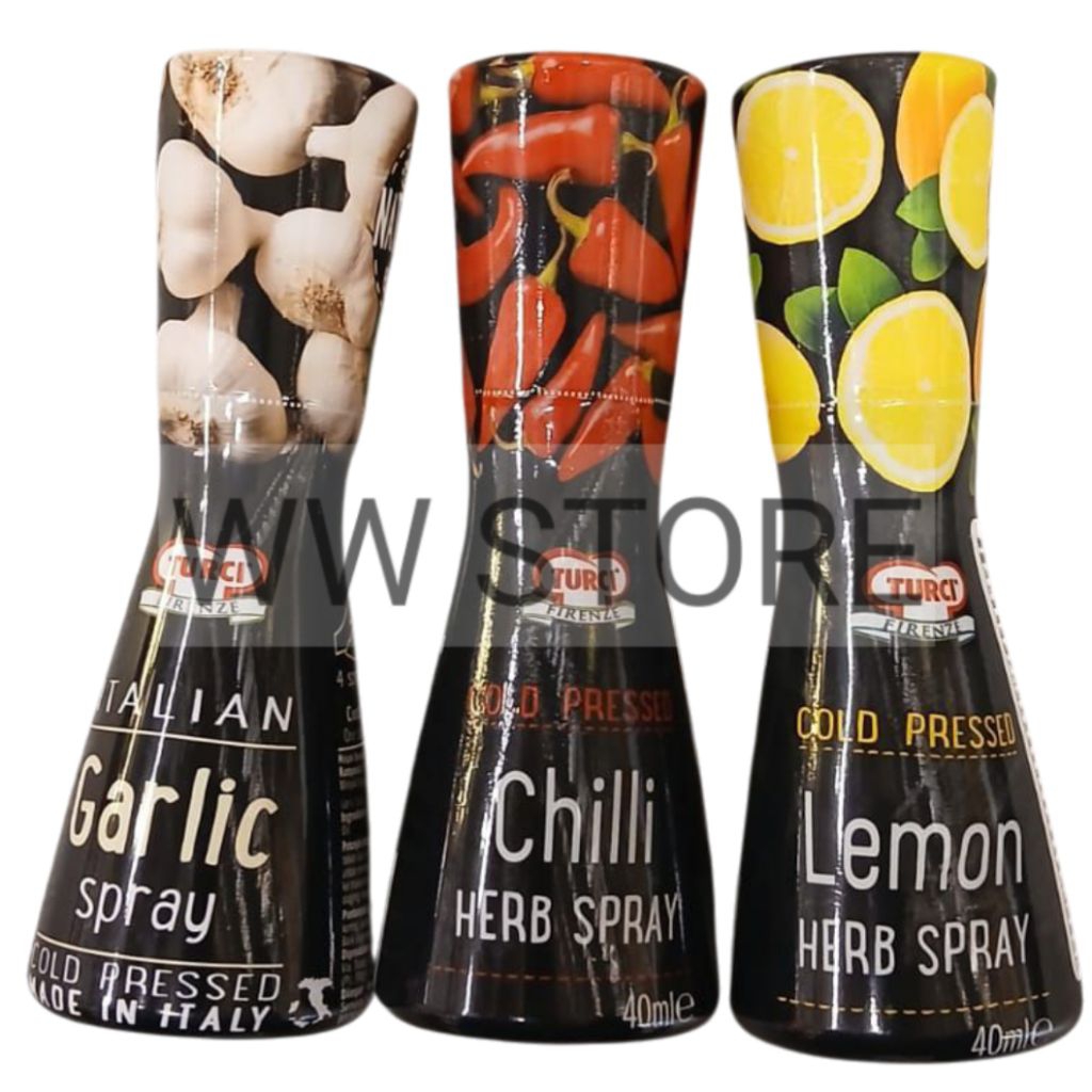 

Minyak bumbu rempah herbal buah cabe cabai bawang putih dalam botol semprot Italia Italy Italian TURCI FIRENZE COLD PRESSED Chilli Lemon Garlic SPRAY 40ml