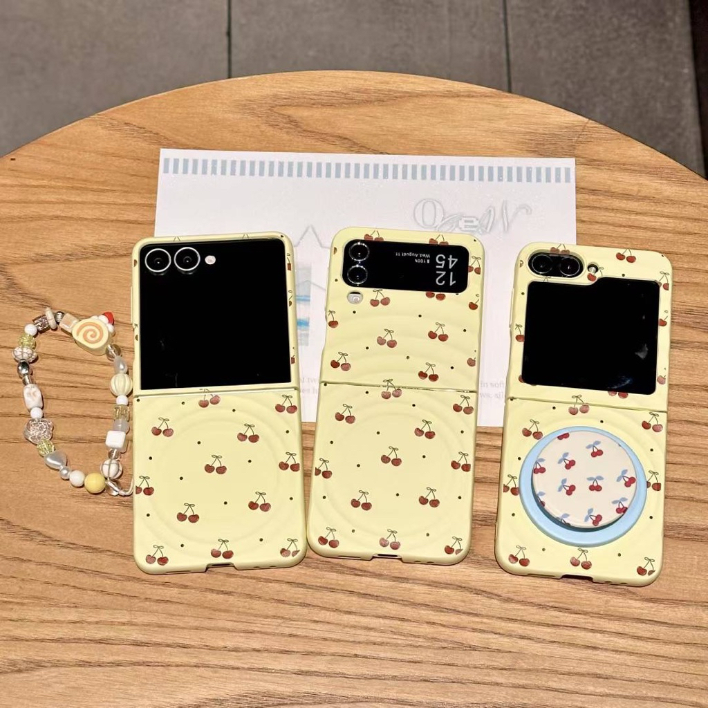 New Case Samsung Zflip7 7FE Yellow Ripple Magsafe Cherry With Magnetic Popsocket and Cute Charm Chai