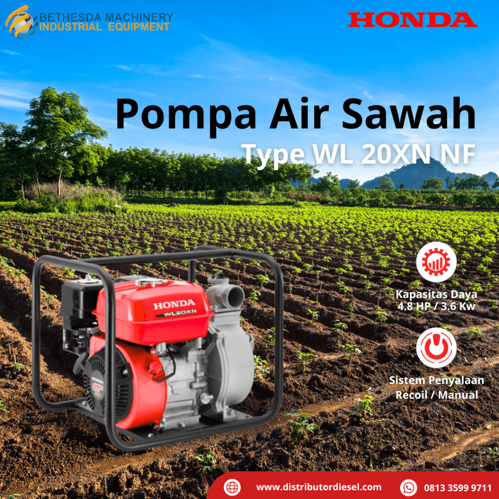 Pompa Air Honda WL20XN NF, Self Priming Centrifugal 4-Tak OHV 3.6 kW