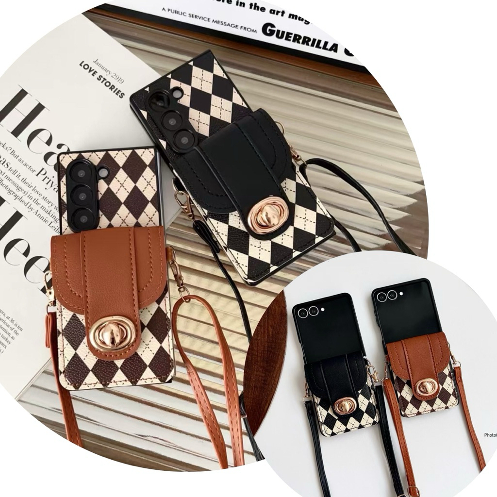 New Case Samsung Zflip7 Zfold7 Kulit Leather Dompet Cardpocket Mewah Elegant With Long Chain Charm T