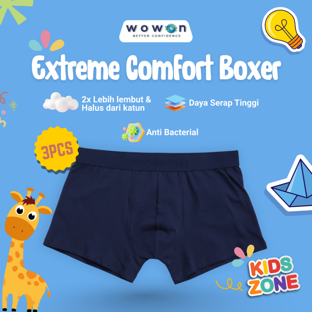 (3 PCS) Wowon Kids Boxer - Boxer Anak Anti Bakteri - Extreme Comfort Boxer