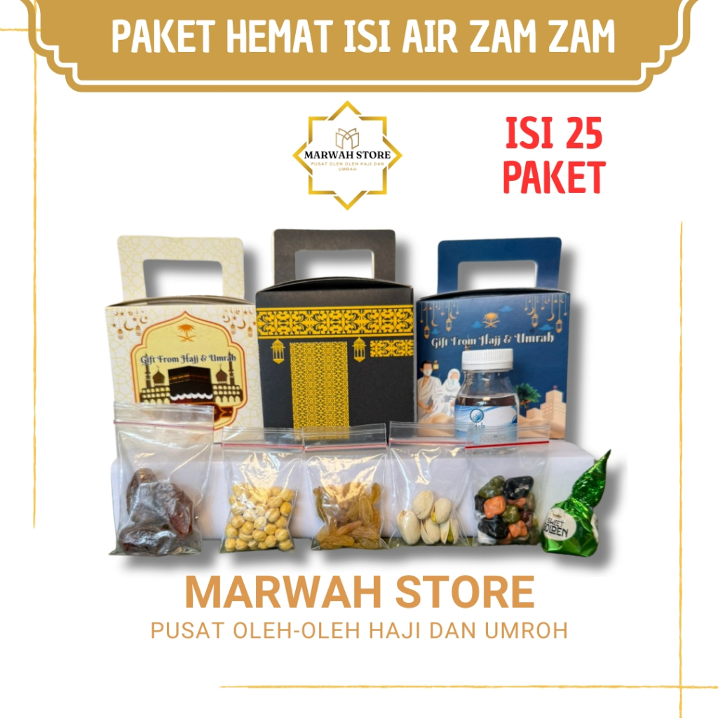 

Paket Oleh-oleh Haji dan Umroh Paket Hemat 25 pcs Dus Ka'bah Lengkap Air Zamzam