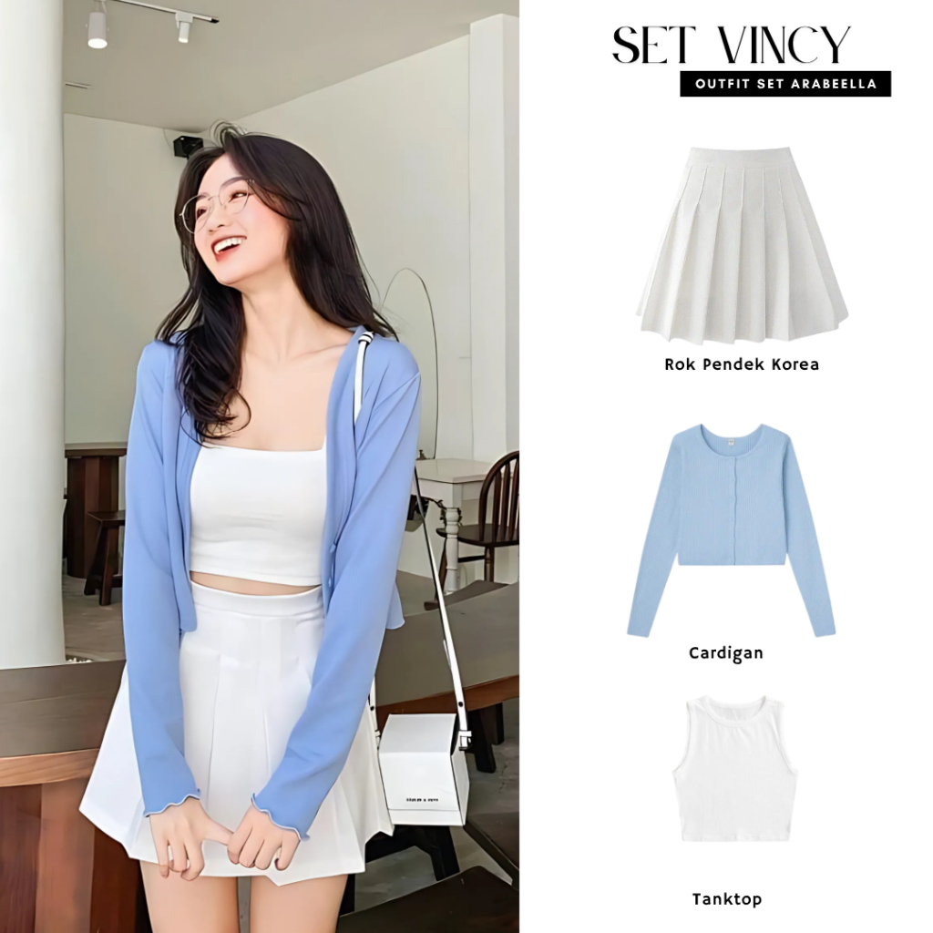 Setelan Wanita Vincy / Rok Pendek / Cardigan Rajut  / Tanktop Crop  / One Set Korean / Outfit Simple