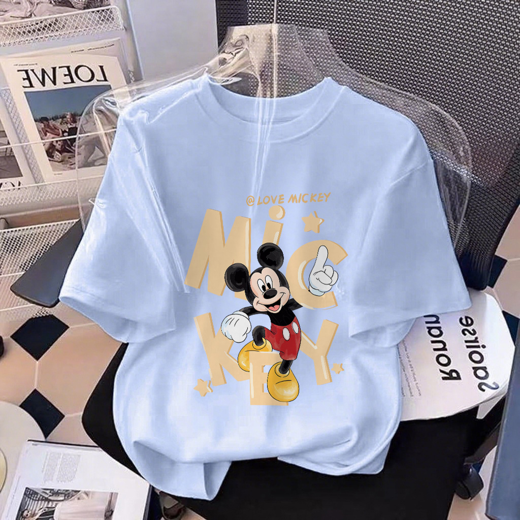 XZHAINV Kaos lengan pendek cetak Mickey Mouse wanita Koreaa/pakaian wanita gaya modern/atasan biru m