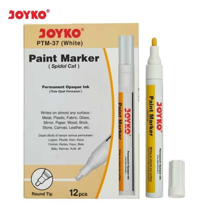 

GROSIR PAINT MARKER SPIDOL WHITE PERMANENT JOYKO PTM-37 ROUND TIP 1 PACK ISI 12 PCS