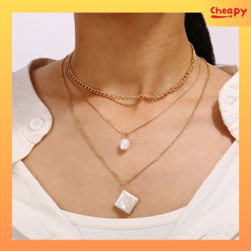 Kalung Choker Multilayer Rantai 3 Layer Liontin Mutiara dan Mutiara Kotak Korea Vintage