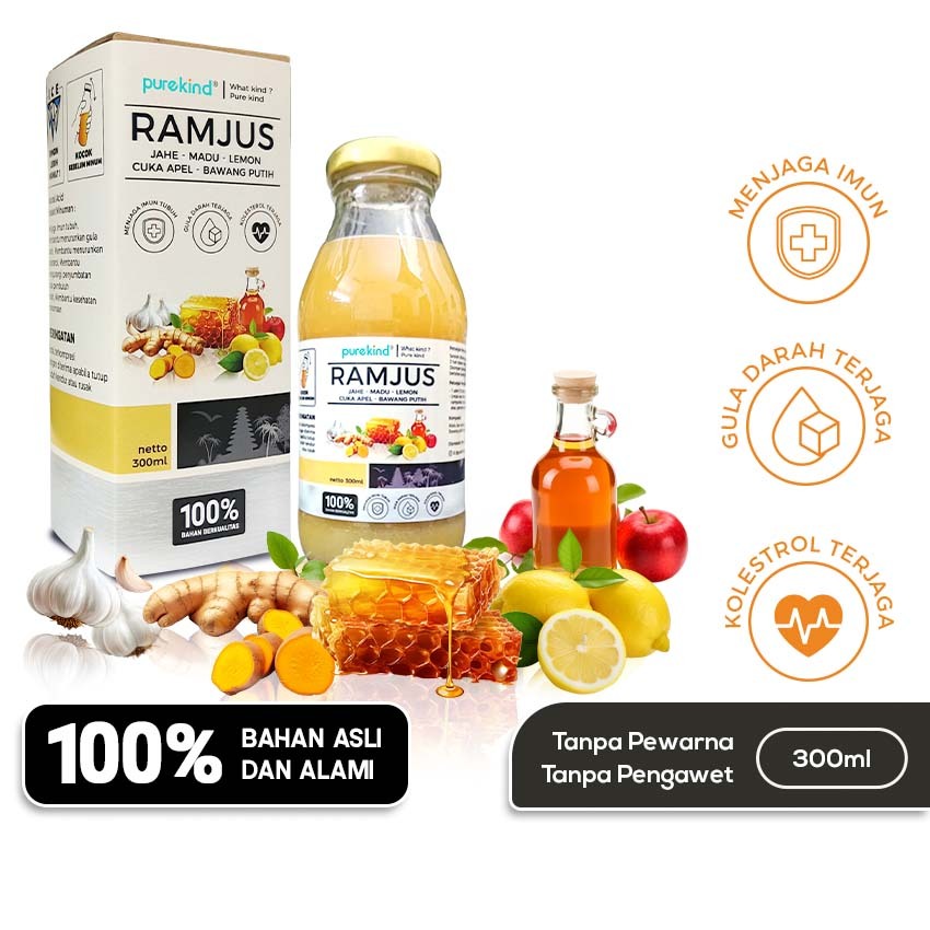 

Jus Jamu | Madu Liar, Lemon, Jahe Merah, Bawang Putih, Cuka Apel | Purekind Ramjus