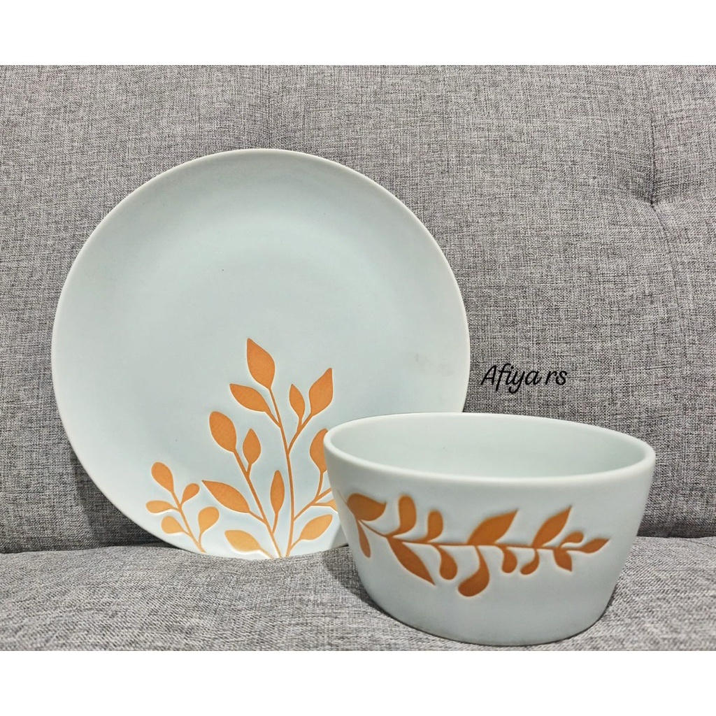 Piring & Mangkok Set Motif Daun Elegan / Piring Makan & Mangkok Keramik Tebal Hijau Aesthetic