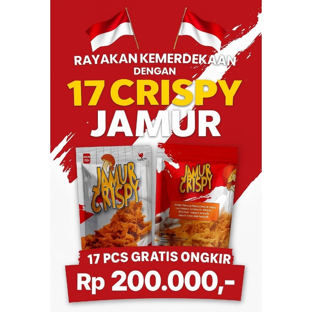 

Promo Merdeka Beli 17 Cuma 200K Gratis Ongkir COD ll Paket Merdeka 17 pcs Jamur Crispy || Indonesia Merdeka II Cemilan Kemerdekaan II Program 17 Agustus ll Snack Viral