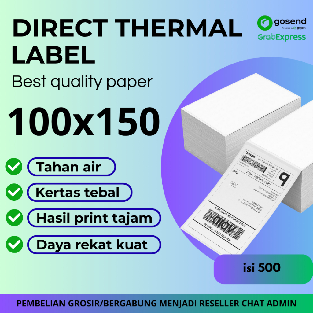 

Kertas Thermal Label Ukuran 100x150 cm isi 500 sheet (1DUS ISI 20) – Label Pengiriman / Barcode / Harga – Tanpa Tinta – Cetak Cepat & Praktis