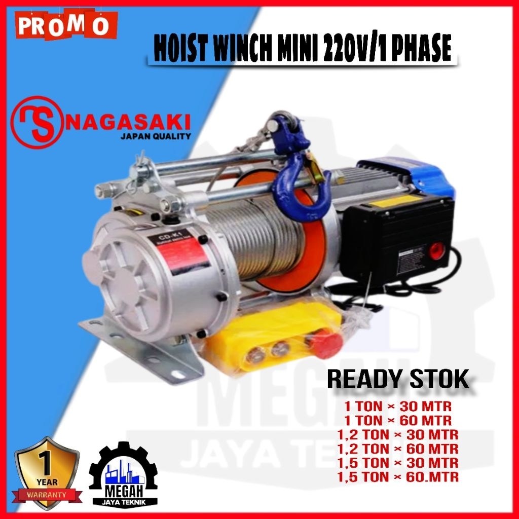 Derek Listrik Mini 600-1200 Kg 30/60 Meter 220V 1 Phase + Katrol 1 Ton Kualitas Jepang