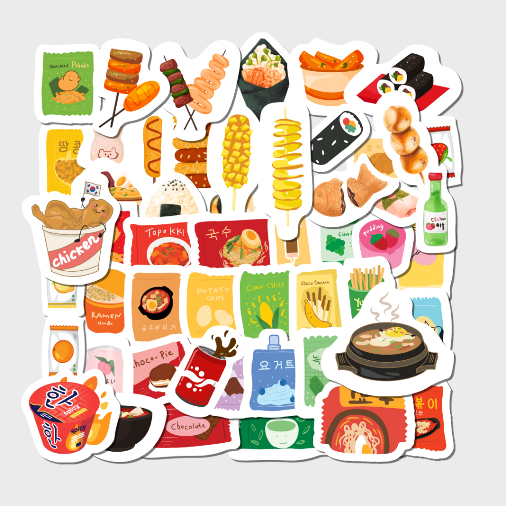 

53 pcs Stiker Korean Japanese Food Kawaii Aesthetic - Water Resistant Sticker Pack untuk Dekorasi DIY, Laptop, Jurnal, Case HP dan Tab