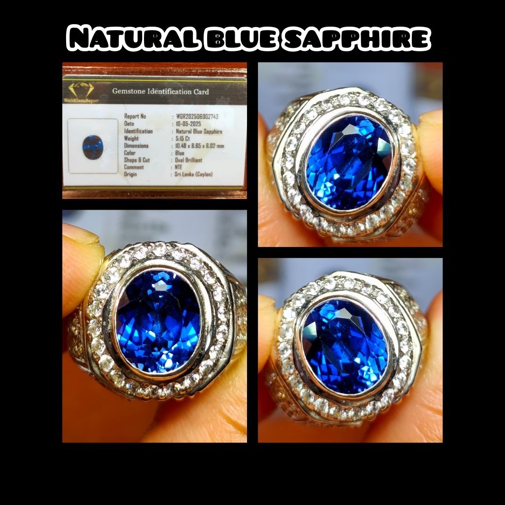 cincin perak asli + batu permata blue sapphire ceylon