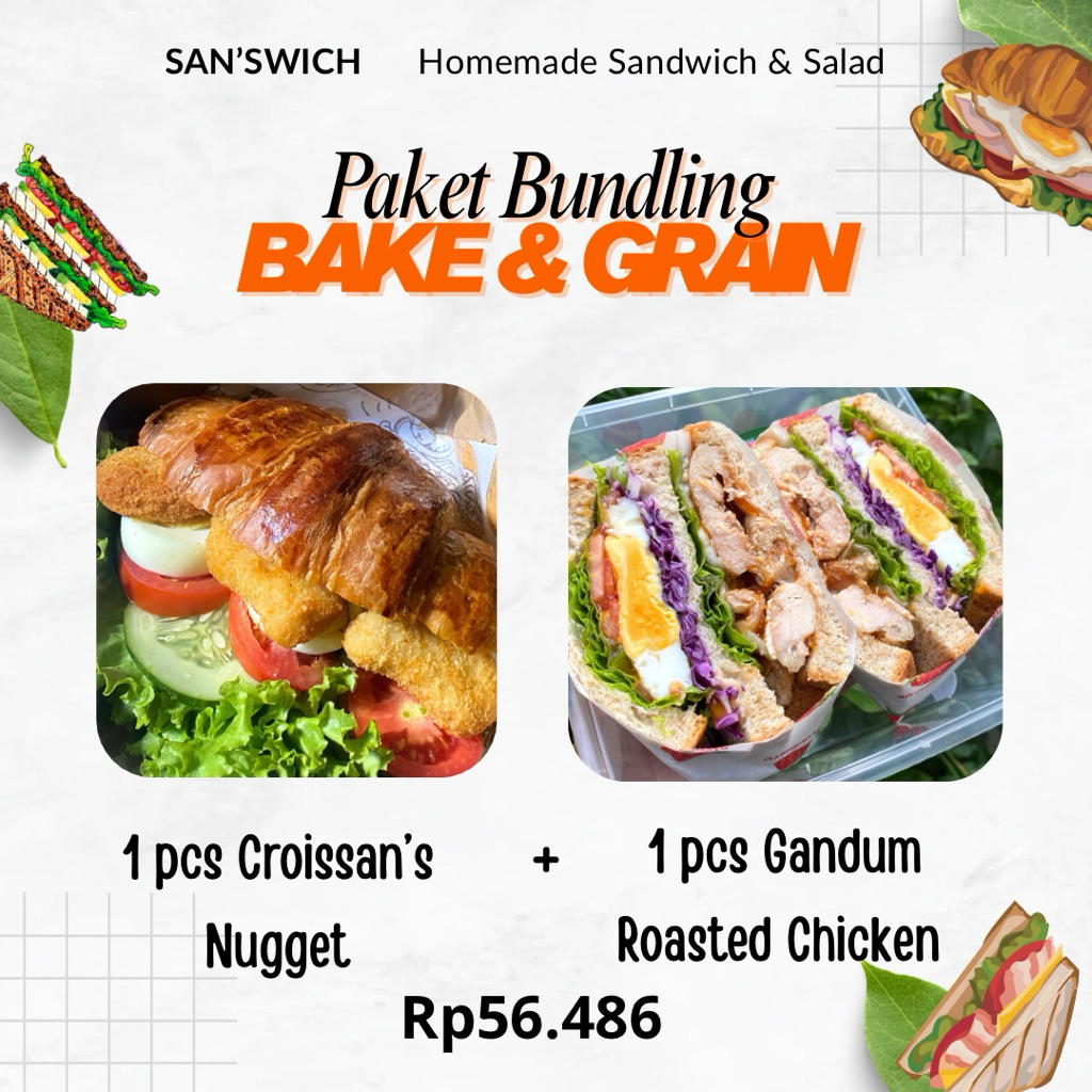 

1 Pcs Croissan's Nugget + 1 Pcs Gandum Roasted Chicken - Paket Bundling BAKE&GRAIN by San'swich