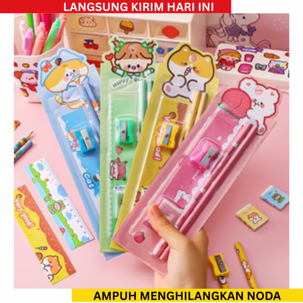 Set Alat Tulis Anak Notebook Mini Buku Diary Kartun Pensil Penghapus Penggaris Sekolah