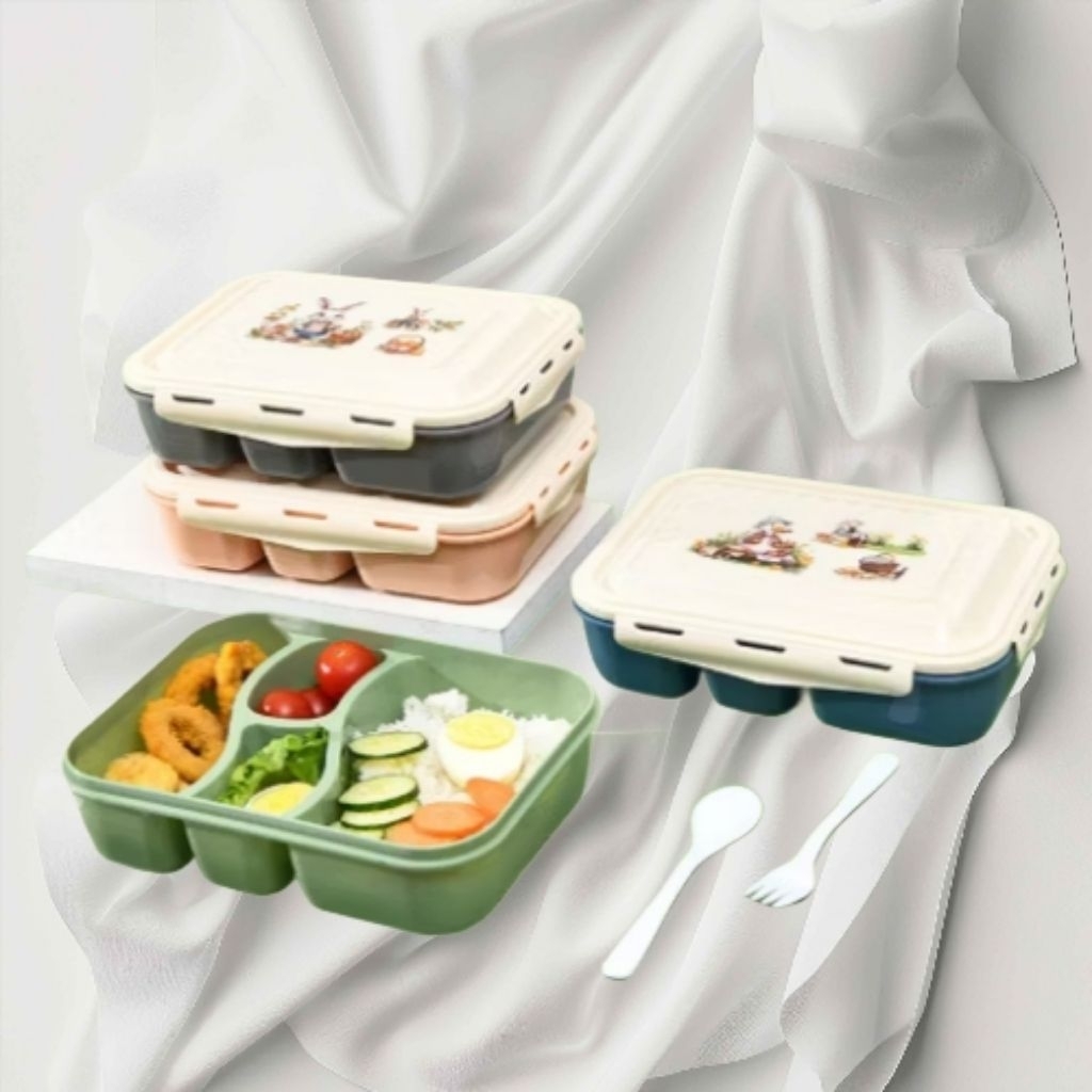 Kotak makan lunch box anti bocor 4 sekat | Lunch box free sendok garpu 1400 ml