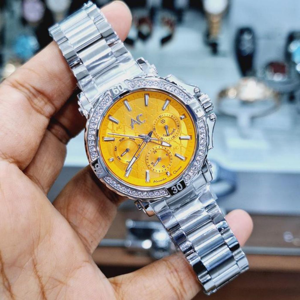 JAM TANGAN WANITA ALEXANDRE CHRISTIE AC 9205 AC 9205 SILVER YELLOW SAPPHIRE ORIGINAL