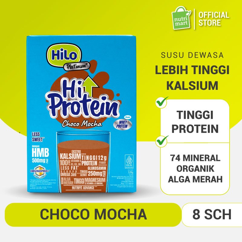 HiLo Platinum + HMB Choco Mocha Less Sugar 8 Sachet - Susu Tinggi Protein Alga Merah Jaga Massa Otot