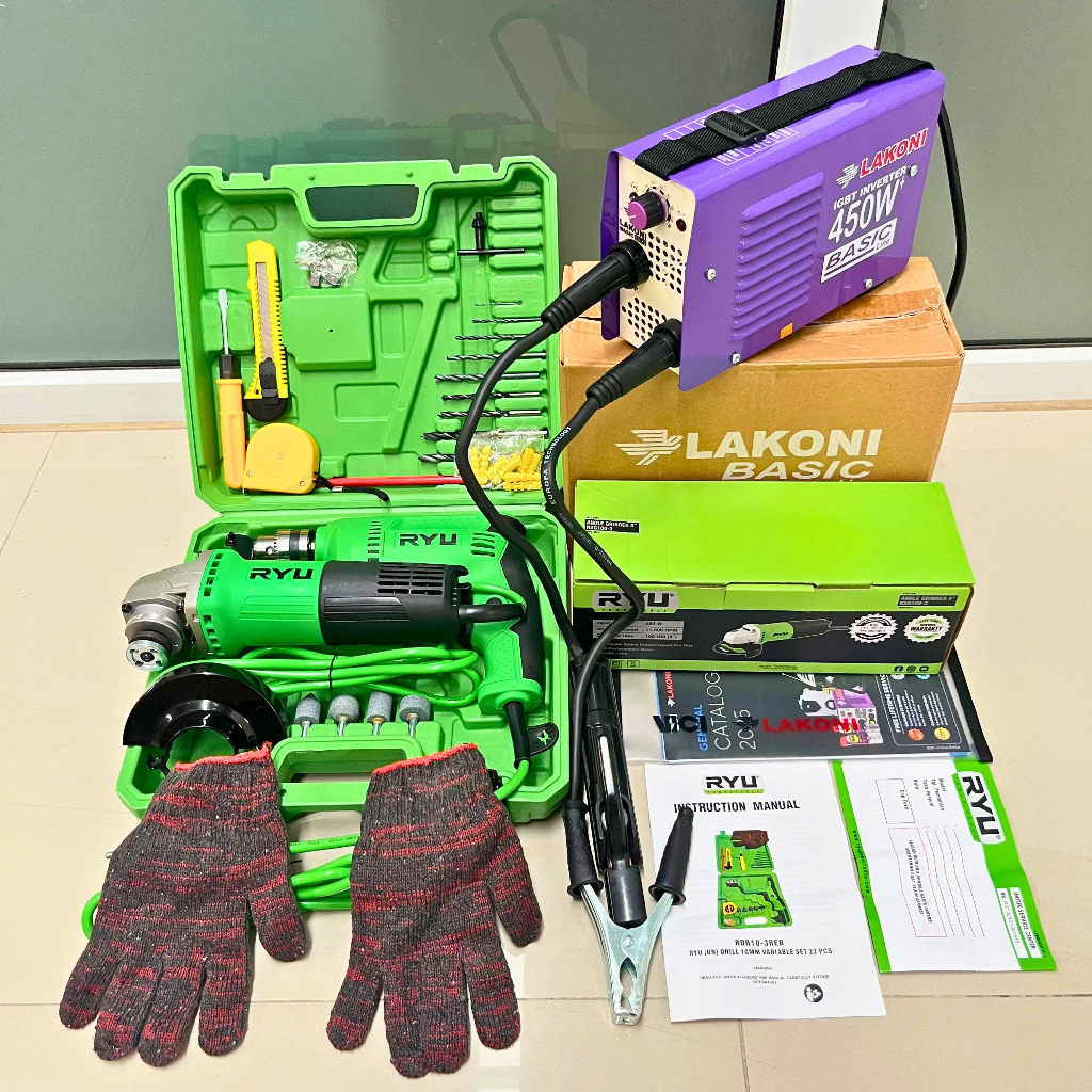 HEMAT MESIN LAS Paket Mesin Las Lakoni 450W Gerinda Tangan 4 Inci Bor 10 mm Set Koper RYU 3 ) ITEM M