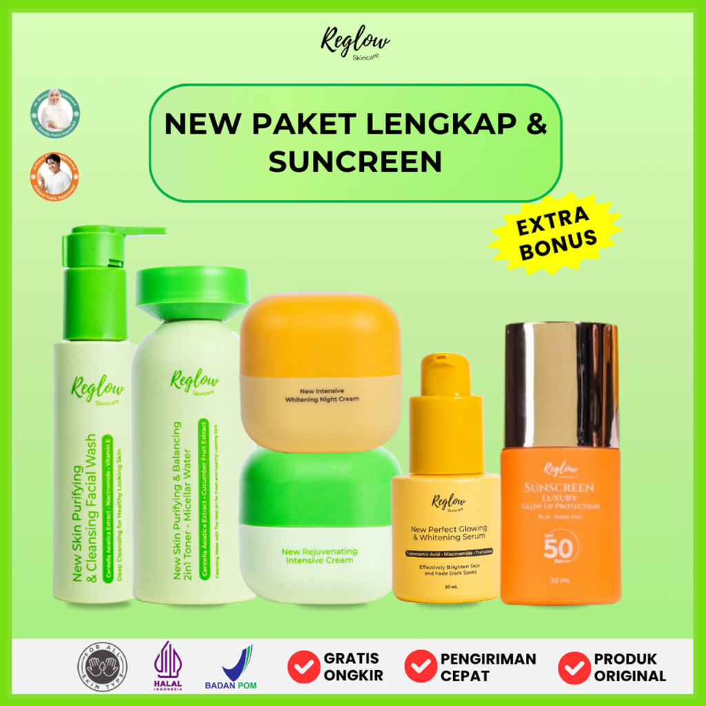 Reglow New Paket Lengkap dan Sunscreen Skincare Facial Wash Toner&Micellar Water Day Cream Krim Sian