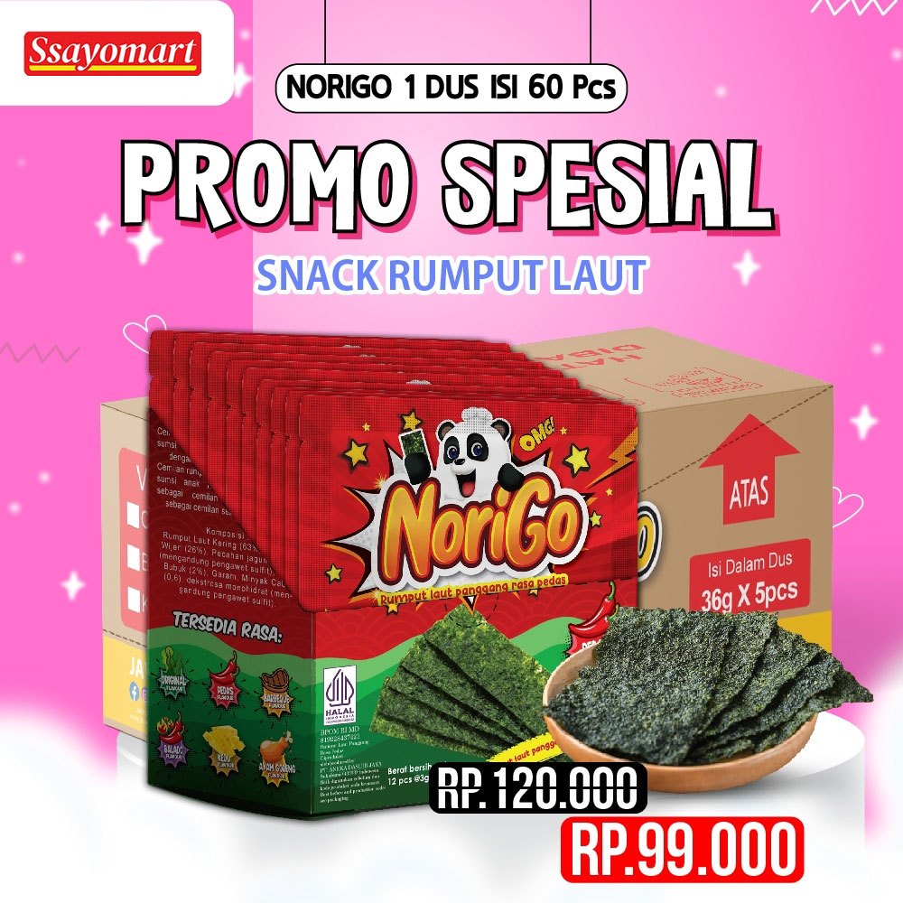 

Norigo Spicy Pedas (1 DUS ISI 5 PACK) FREE 10 PCS / Nori Sachet Seaweed Snack 3g Rumput Laut Halal Rasa Spicy Pedas