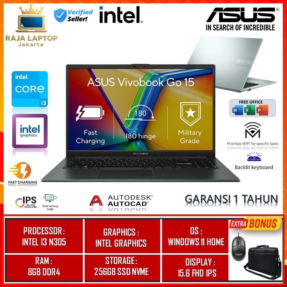 Laptop Baru Asus Vivobook Go 15 E1504GA Intel Core I3 N305 Ram 8GB Black silver Win 11 Original