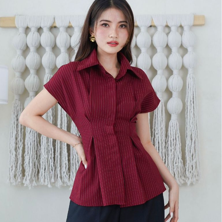 #AB141 - Lea Shirt | Atasan Wanita Kemeja Kerja Ready Garis Stripe Baju Blouse Lengan Pendek Panjang