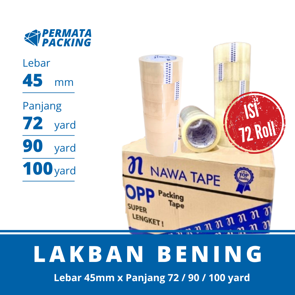 

Lakban Bening 45 mm Tebal Kuat Per Dus Isi 72 Roll | Ukuran 72 90 100 Yard