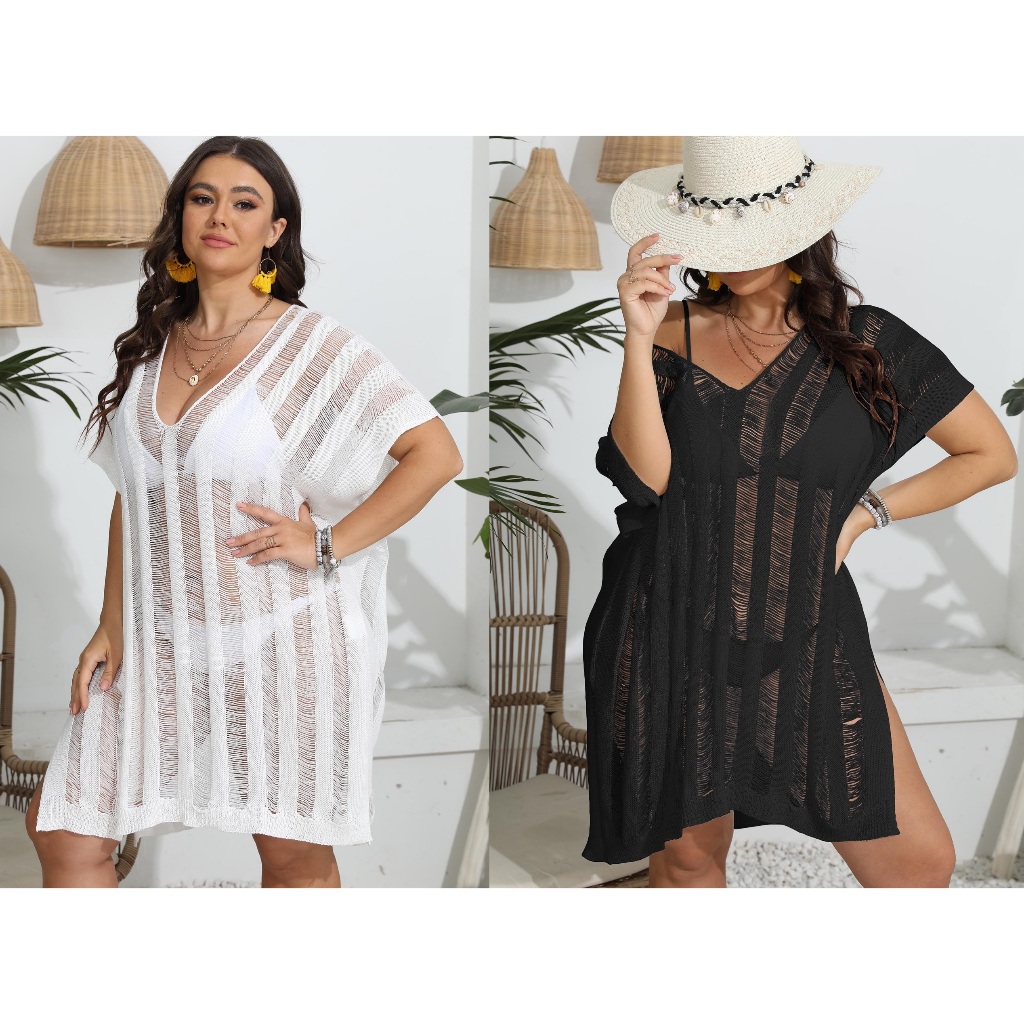 Outer Rajut Jumbo Wanita Poncho Beachwear Knit Bikini Cover Baju Pantai Hitam Putih Black White Sexy