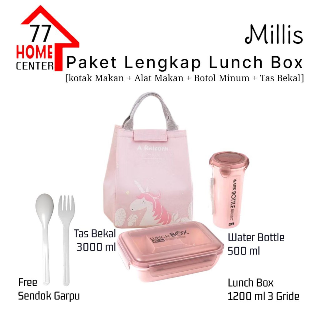 Lunch Box Set Kotak Makan 1500ml  Pink Botol Minum BPA Free Gratis Tas Bekal Sendok