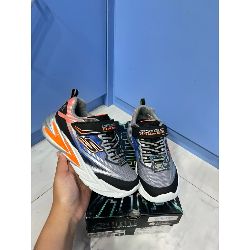 Sepatu Skechers kids bisa nyala warna abu2 mix biru - orange ukuran 31, 32, 33 (400139L/BKSL)